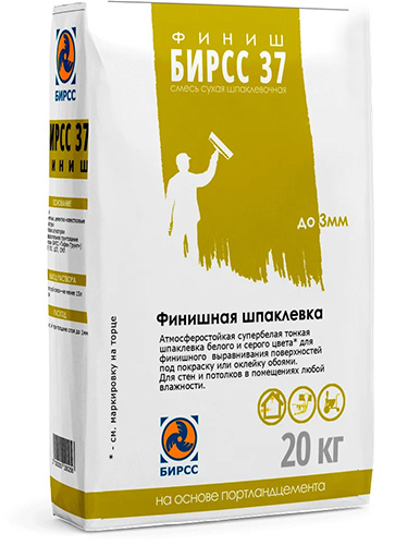 Шпаклевка цементная 37 Финиш белый БИРСС 37, 20 кг